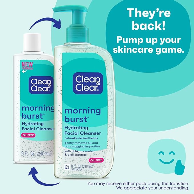 Clean & Clear Morning Burst Oil-Free Hydrating Facial Cleanser with BHA, Cucumber & Aloe Extracts, Face Wash Gently Removes Oil & Pore Clogging Impurities, 8 fl. oz
