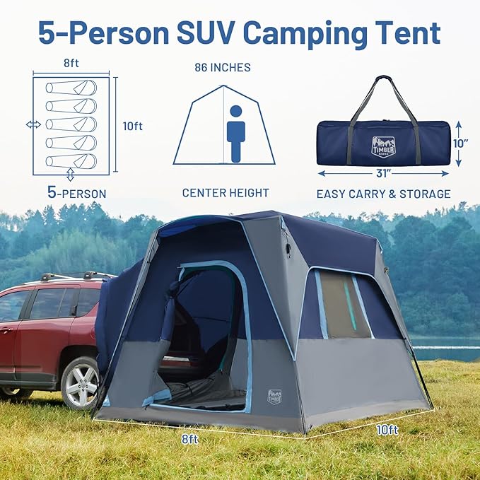 TIMBER RIDGE 5 Person SUV Tent with Movie Screen Weather Resistant Portable for Car SUV Van Camping, Includes Rainfly and Storage Bag, 10' W X 8' L X 7.1' H Blue