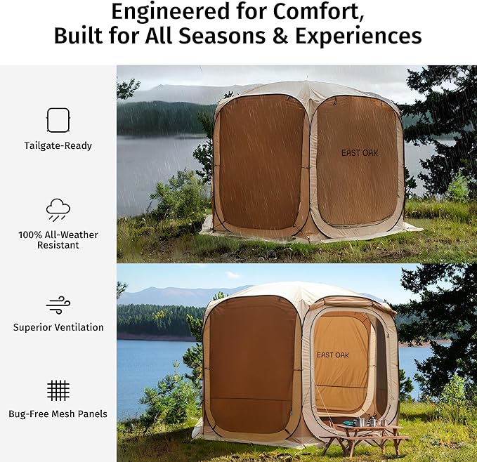 EAST OAK 10ร10 FT Pop Up Canopy Tent with Mesh Walls | Outdoor Screen House with 6 Sunshades | Waterproof Gazebo with Carry Bag | Portable Shelter for Camping, Patio, and Beach | Beige