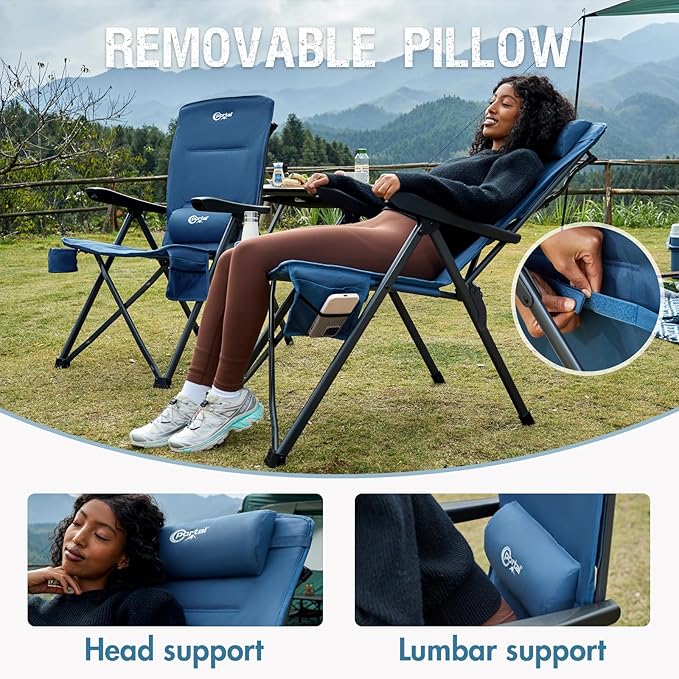 PORTAL Reclining Camping Chair with Adjustable Back Folding Camp Recliner for Adults Portable High Back Oversized, 400LBS (Blue)