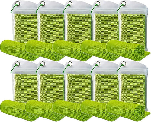 10 Pack Cooling Towels Bulk Microfiber Ice Towel Quick Dry Breathable Chilly Sweat Towel Stay Cool Towel for Neck Face Yoga Gym Workout Running Pilates Beach with Carabin Bag, 40x12'', Green