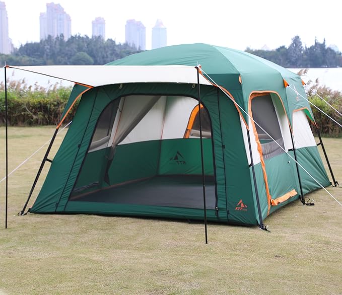 KTT Extra Large Tent 6-10-12-14 Person(Style-B),Family Cabin Tents,2 Rooms,3 Doors and 3 Windows with Mesh,Straight Wall,Waterproof,Double Layer,Big Tent for Outdoor,Picnic,Camping,Family Gathering