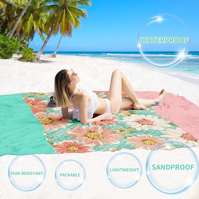 BYDOLL Beach Blanket Waterproof Sandproof 78''×81'' Suits1-4 Adults Compact Lightweight Oversized Sand-Free Blanket Large Picnic Mat for Beach Travel Camping Hiking