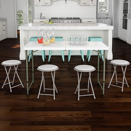 Folding Bar Stool - Heavy-Duty 18-inch Collapsible Padded Round Stool with 300lb Capacity for Dorm, Rec Room, or Game Room by Trademark Home (White)
