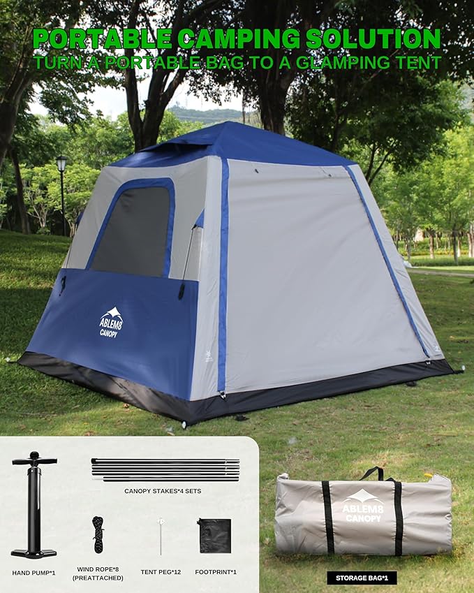 Inflatable Tent for Camping, 8.2x8.2FT Large 4-6 Person Blow up Tent with 2 Doors and 4 Screen Mesh Panels, Footprint Included(Sapphire & Light Gray)