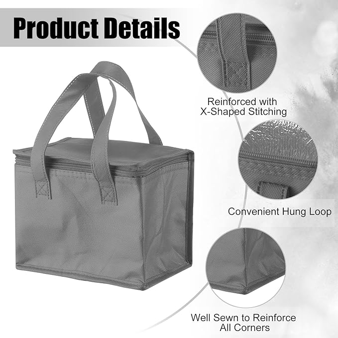 Lallisa 24 Pack Insulated Lunch Bags Bulk Reusable Leakproof Waterproof Thermal Cooler Bags Insulated Beverage Box for Office Picnic Snack Women Men(Gray)