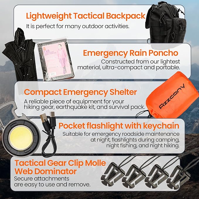 Emergency Survival & First Aid Kit & Tourniquet - 250 PCS Go Bugout Bag Survival Gears with Compass Flashlight Shovel - Tactical Military Grade EDC Backpack for Outdoor Camping Scout
