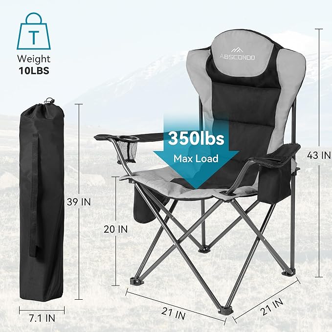 ABSCONDO Camping Chairs for Adults, Oversized Folding Camp Chair for Outdoor with Cup Holder & Cooler Bag, XL Heavy Duty Lawn Chairs Supports up to 350lbs (2 Pcs)