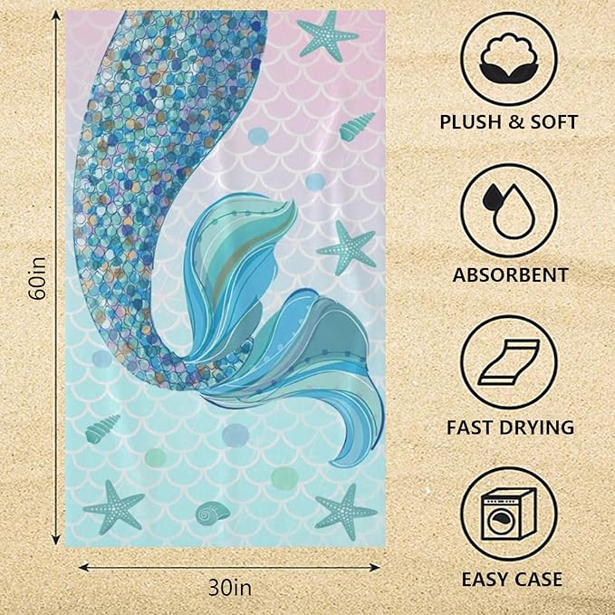 Mermaid Beach Towel, Cute Quick Dry Thin Mermaid Tail Absorbent Bath Towel for Girls & Womens, Kids Fantasy Summer Lightweight Beach Blanket for Travel Pool Yoga Sports 30 x 60 in