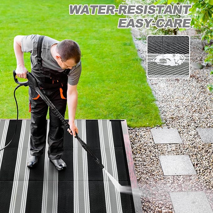 Lahome Striped Outdoor Rug 8x10 Patio Waterproof, Reversible Outdoor Plastic Straw Rug for Camping, RV Patio Rugs Outside Large Carpet for Porch Deck Backyard Picnic(Black/Grey,8'x 10')