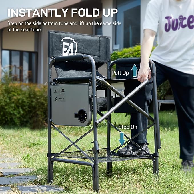 EVER ADVANCED 2 Piece Tall Folding Chair 30.7" Seat Height Directors Chair High Foldable Bar Stool for Makeup Artist Face Painting with Side Table Cup Holder Supports 350LBS
