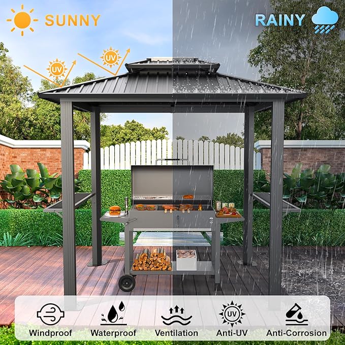 Hoteel 6x8 Hardtop Grill Gazebo, Outdoor Patio BBQ Gazebo with Galvanized Steel Double Roof, Hardtop Barbecue Canopy with 2 Side Shelves for Deck Lawn Backyard Garden,Black