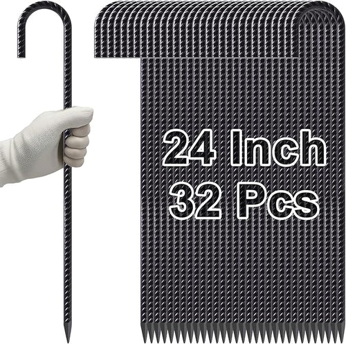VVOKGO 24 Inches Rebar Stakes Heavy Duty J Hook, Curved Steel Plant Support Garden Stake with Chisel Point end, Hammer Through Hard Soil for Chain Link Fence and Gazebo - Black Coated 32pcs