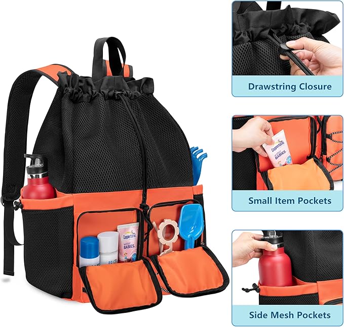 Fasrom Family Beach Tote Bag with Wet and Dry Separation Bundle with Drawstring Beach Bag Backpack with Waterproof Bag and Pocket