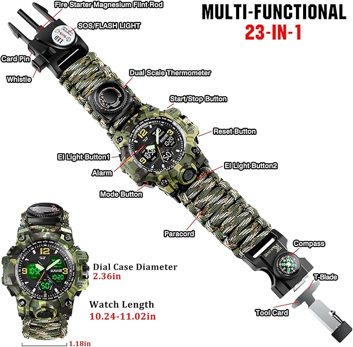 23-in-1 Survival Military Digital Watch, Mens Tactical Multi-Functional and Adjustable Wristband Outdoors Waterproof Sports Dual Dial Watches with Compass Paracord Band