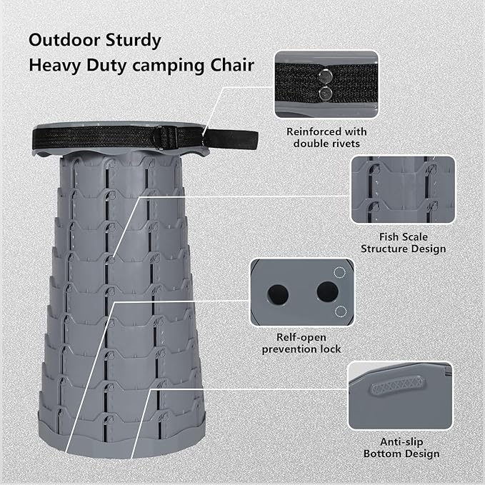 Portable Telescoping Collapsible Stool – Adjustable Height Folding Seat (Up to 450 lbs), Lightweight Camping Stool & Travel Seat for Fishing, Hiking, BBQ, Indoor & Outdoor(Light Gray)