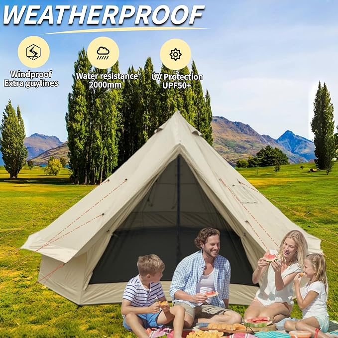 DANCHEL OUTDOOR B2A Waterproof Roomy Interior Yurt Tent, No Center Pole Bell Tent 4/8 Person Family Camping Glamping, 4 Season Hot Tents with Stove Jack 300D Oxford Nylon, 13ft/16.4ft Khaki