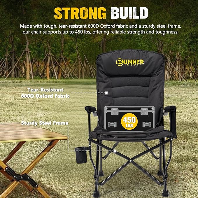 BUNKER INDUST Folding Camping Chair, Oversized with Padded Cushion, Outdoor Chair with Cup Holder Storage Pockets, Adjustable High Backrest Supports 450 LBS for Garden Beach Fishing Lawn