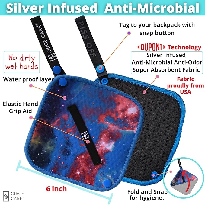 Pee Cloth:Silver Infused Pee rag for Women who Pee Outdoors, Reusable Absorbent Wipes, Eco alt. to Toilet Paper, Female Urination Solution for Camping, Hiking (2pc Combi- Black+Blue Galaxy)