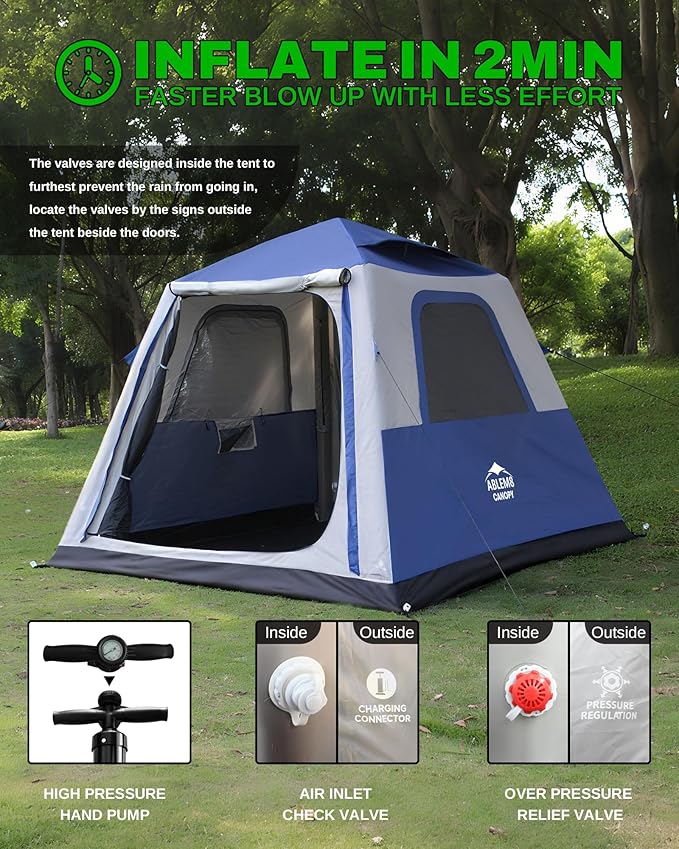 Inflatable Tent for Camping, 8.2x8.2FT Large 4-6 Person Blow up Tent with 2 Doors and 4 Screen Mesh Panels, Footprint Included(Sapphire & Light Gray)