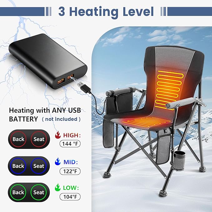 Lamberia Heated Camping Chairs for Adults, Camping Chairs, Portable Heated Chairs for Outdoor, Folding Chairs,Heavy Duty Lawn Chairs for Adults, with Cup Holder,Battery Not Included,Grey