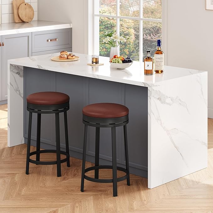 IDEALHOUSE 24'' Swivel Bar Stools Set of 2 with Footrest, Modern Counter Height Barstools with PU Leather Upholstered and Metal Frame, Backless Round Bar Stools for Kitchen Island, Brown