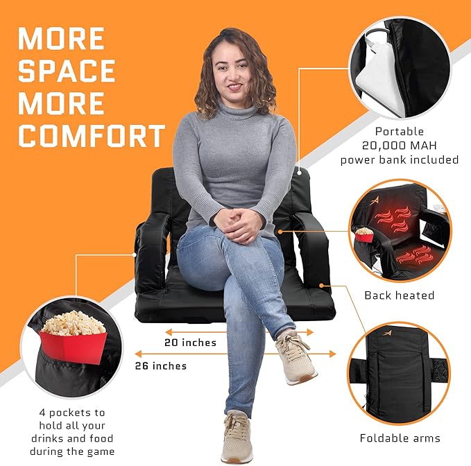 ACELETIQS Stadium Seats for Bleachers with Back Support – USB Battery Included - Upgraded 3 Levels of Heat - Foldable Chair - Cushioned, 4 Pockets, Cup Holder - Camping, Games (Double Heated 26")