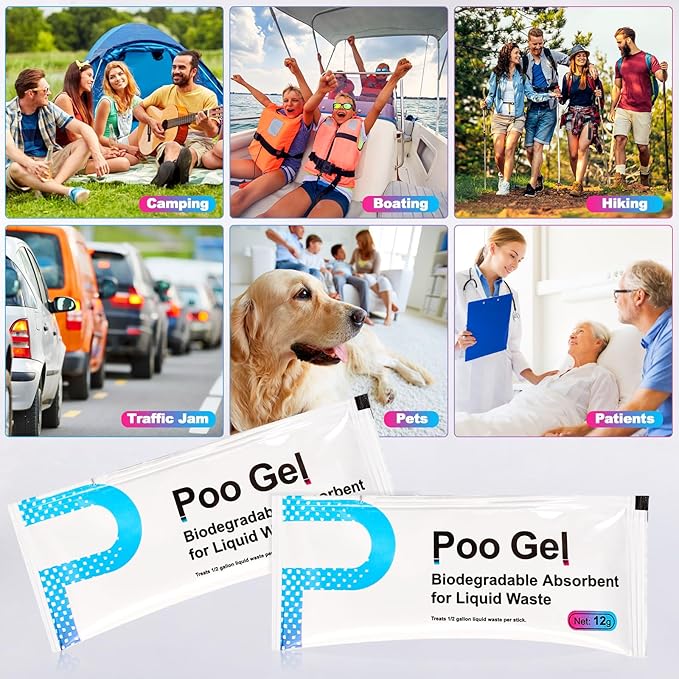 60 Packets 12g Poo Gel for Portable Toilet, Camping Toilet Gel Powder for Potty Bags, Super Eco Absorbent Gel, Portable Toilet Gel Packets for Outdoor Recreation Camping Essentials (60 Packets)