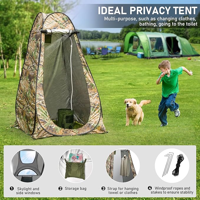 Camping Shower Tent Kit, Pop Up Privacy Shelter with LED Lights, Portable Shower Pump with 6.6 Gallons Collapsible Bucket Camp Bathroom for Adults Outdoor Hiking