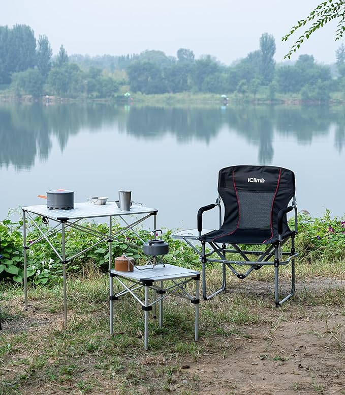 iClimb Heavy Duty Compact Camping Folding Mesh Chair with Side Table and Handle