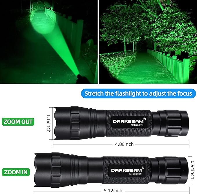 DARKBEAM Green Light Flashlight Tactical LED USB Rechargeable Zoomable Light Kit, Portable Mini Greenlight for Night Hunting, Observation, Fishing, Astronomy, Aviation, Rescue, with Clip