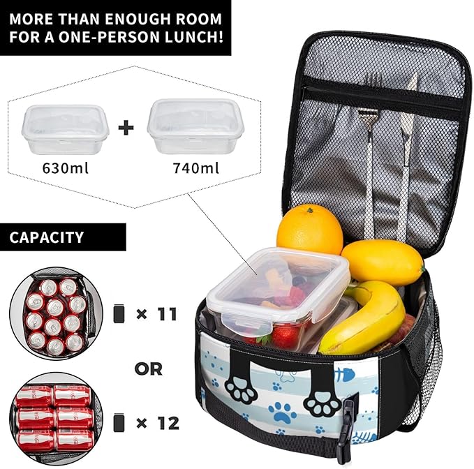 Black Cat Lunch Box for Kids Boys Girls, Blue and White Striped Cat Paws Insulated Lunch Bag for Women Men, Leakproof Durable Lunch Cooler for School Work Picnic