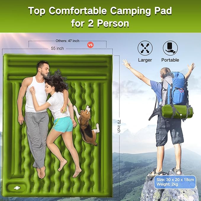 Camping Sleeping Pad, Extra Thick 5 Inch Camping Mat with Pillow Built-in Foot Pump Inflatable Sleeping Pads Compact for Camping Backpacking Hiking Traveling Tent