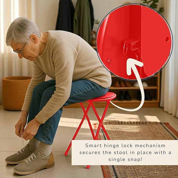 Lavish Home Folding Stool Set - Set of Four 24-Inch Padded Stools with 225lb Capacity for Kitchen, Dorm, or Rec Room - Portable Stools for Adults - Collapsible Sitting Stool Set for Seating (Red)