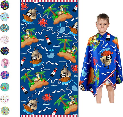 Microfiber Beach Towel for Kids - Thin and Large (30"x60") - Pirate - Absorbent, quick dry, sand free, lightweight, blanket - toddler, girls, boys - For Sports, Pool, Picnic, Camping, Travel, Swim