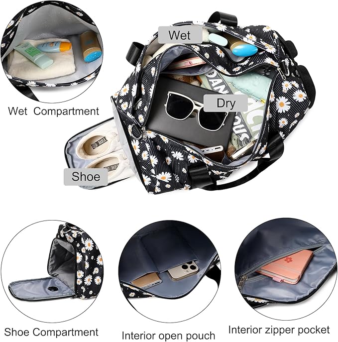 Dance Bag for Girls Corduroy Kids Duffel Bag Ballet Bag for Girls Teen Women Sports Gym Bag Water Resistant Travel Duffle Bags with Shoes Compartment(black daisy)