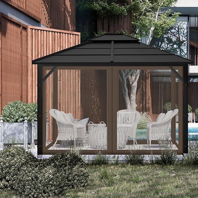 Gazebo Replacement Mosquito Netting Outdoor Universal Gazebo Canopy 4-Panels Screen Sidewalls with Zipper for Patio Garden (Coffee, 10x12)