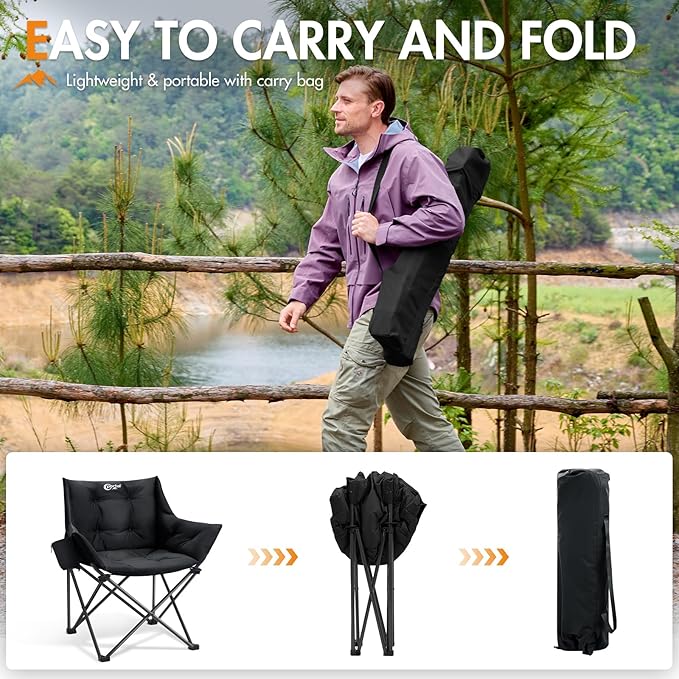 Portal Oversized Padded Camping Chair - Heavy Duty Folding Chair with Cup Holder & Side Pocket, Supports 330 lbs, for Camping, Lawn, Sports, Black
