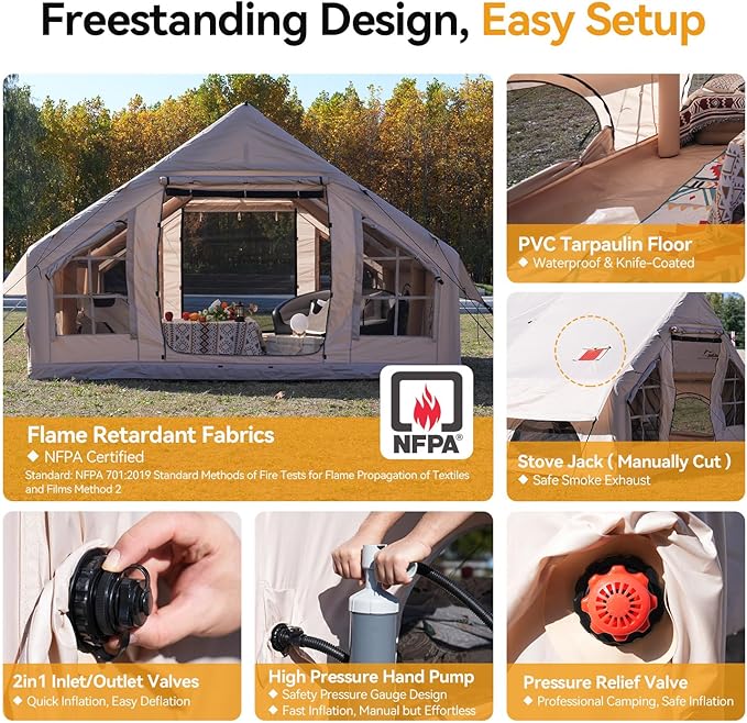 Inflatable Camping Tent with Pump,4-6 Person Waterproof Blow Up Air Tent for Camping Hiking,Easy to Set Up 4-Season Inflatable House Tent with Oversized Canopy.