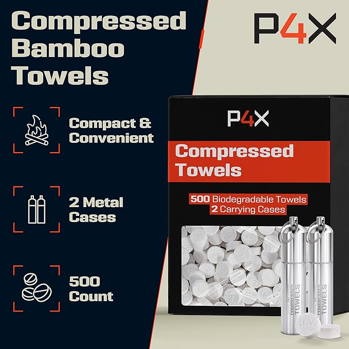 Compressed Towel Tablets - 100% Bamboo Camping Toilet Paper Tablets, Great for Hiking, Travel and Backpacking - Disposable Washcloths, Body Wipes, Paper Towel Coin Tissue - 100/250/500 Pack with Metal Waterproof Cases