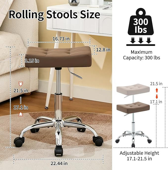Vanity Stool with Wheels (Adjustable Height 17-21 inch) (300lbs Capacity) Faux Leather Nail Tattoo Vanity Massage Stool (Coffee Brown)