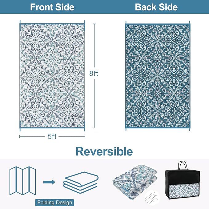 Lahome Patio Rug 6x9 Deck Rugs Outdoor Waterproof for Outside, Plastic Straw Rug Reversible Rv Mat,Large Portable Porch Floor Camping Carpet for Balcony Tent, Blue & White 6x9