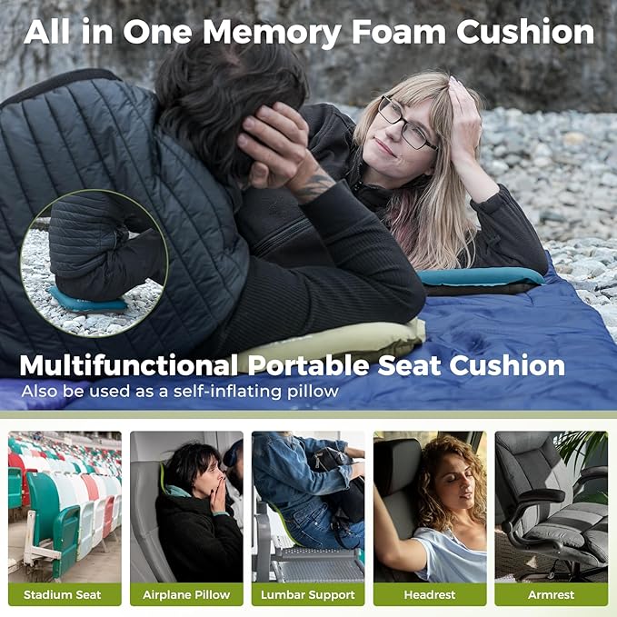 ATEPA Inflatable Stadium Seat Cushion, Self-Inflating Memory Foam Stadium Seats Camping Accessories Chair Pad for Outdoor Airplane Travel Bleacher Patio Backpacking
