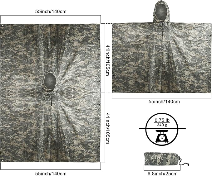 Camo Rain Poncho, Multi Use Waterproof Rain Coat