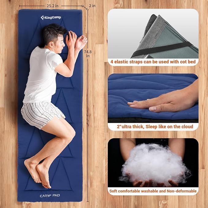 KingCamp Cot Pad Topper for Camping, Soft Warm Non-Slip Cot Mattress, Comfortable Lightweight Sleeping Mat for Outdoor & Indoor, Picnic, Hiking, Backpacking, Yoga