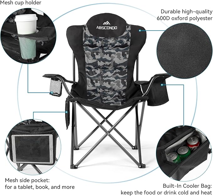 ABSCONDO Camping Chairs for Adults, Oversized Folding Camp Chair for Outdoor with Cup Holder & Cooler Bag, XL Heavy Duty Lawn Chairs Supports up to 350lbs (2 Pcs)