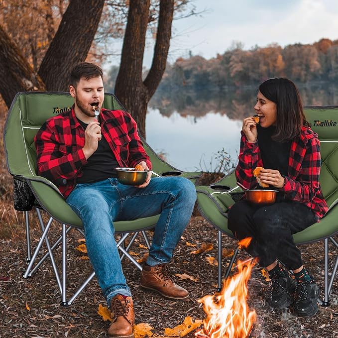 Oversized Camping Chair, Portable Folding Padded Camping Chairs with Cup Holder and Carry Bag, Heavy Duty Outdoor Camping Chairs for Adults, Up to 400Lb, for Fishing Sports (Green-2 Pack)