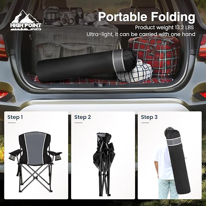 HIGH POINT SPORTS Oversized Camping Folding Outdoor Chair with Armrest, Collapsible Portable Lawn Chair with Cup Holder for Adults Support 350 LBS, Gray-Black