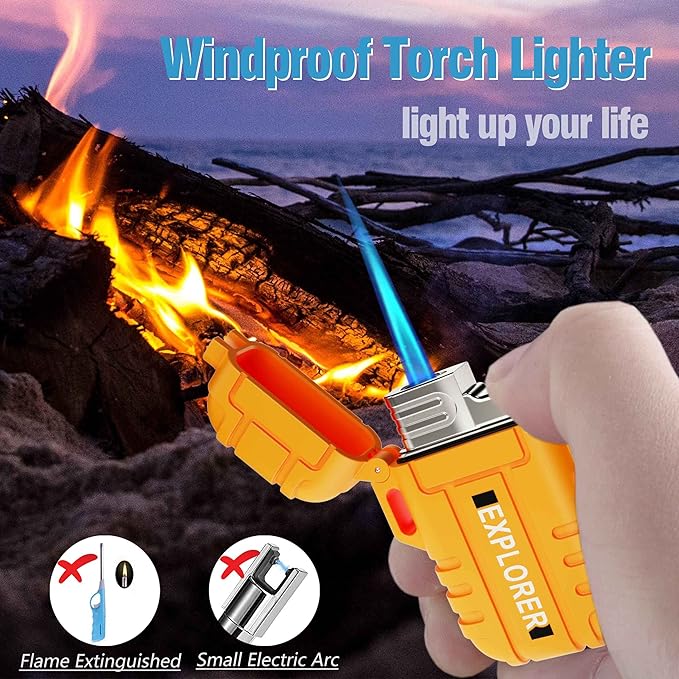 Torch Lighter, 2 Pack Butane Lighter, Windproof Outdoor Gas Lighter Adjustable Jet Flame Lighters, Fireplace Fireworks Grill Camping BBQ Lighter, Gifts for Men. (Black+Orange)(Without Butane)