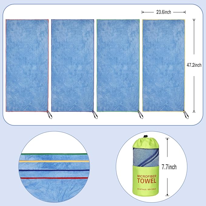 4 Pack Microfiber Camping Towels, Gym Towels Quick Dry Beach Towel with Travel Waterproof Accessory Bag,Super Absorbent Quick Dry Towels for Adults Kids (4, Green)